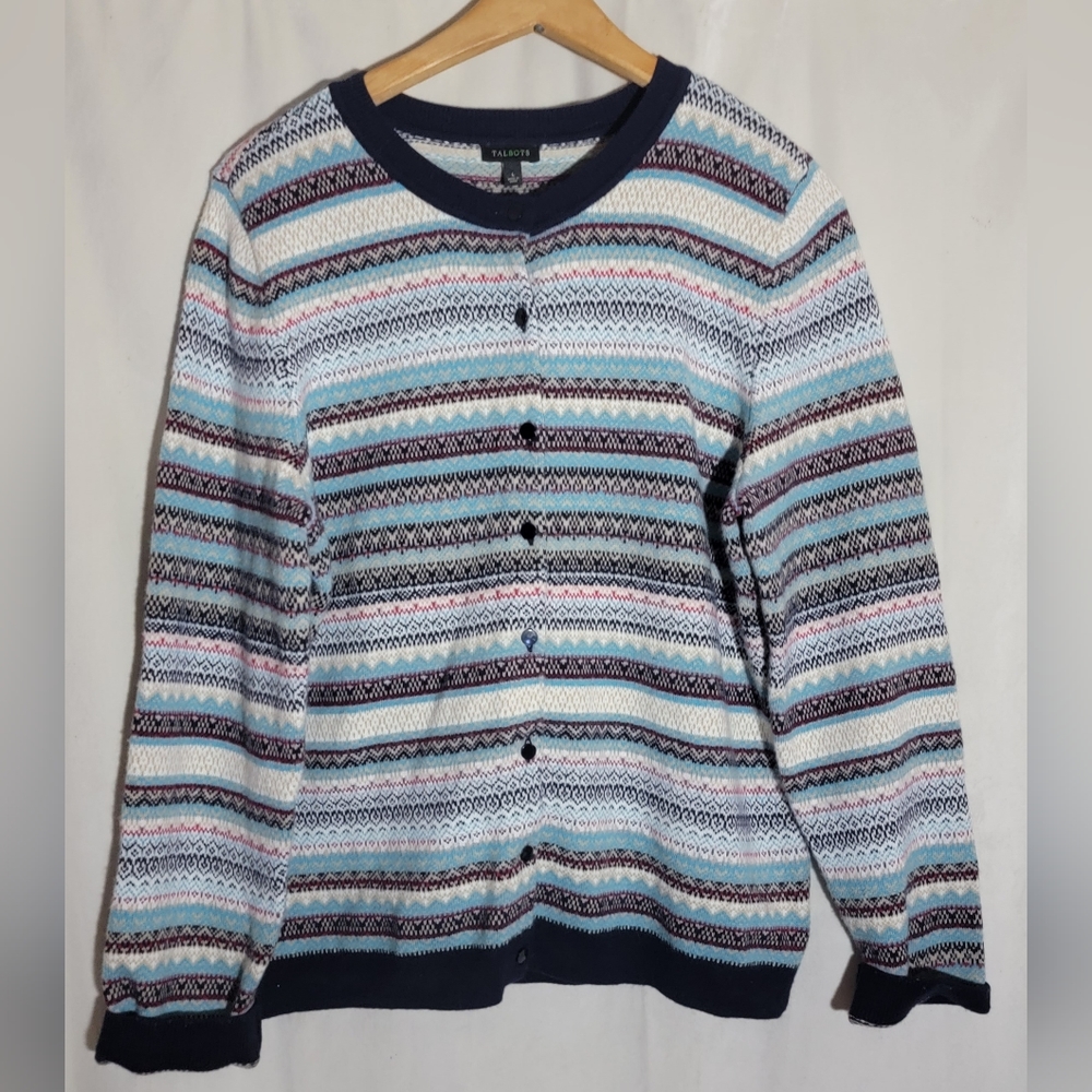 Talbots Fairisle Wool Blend Cardigan Sweater Womens Blue Red Button Up Large